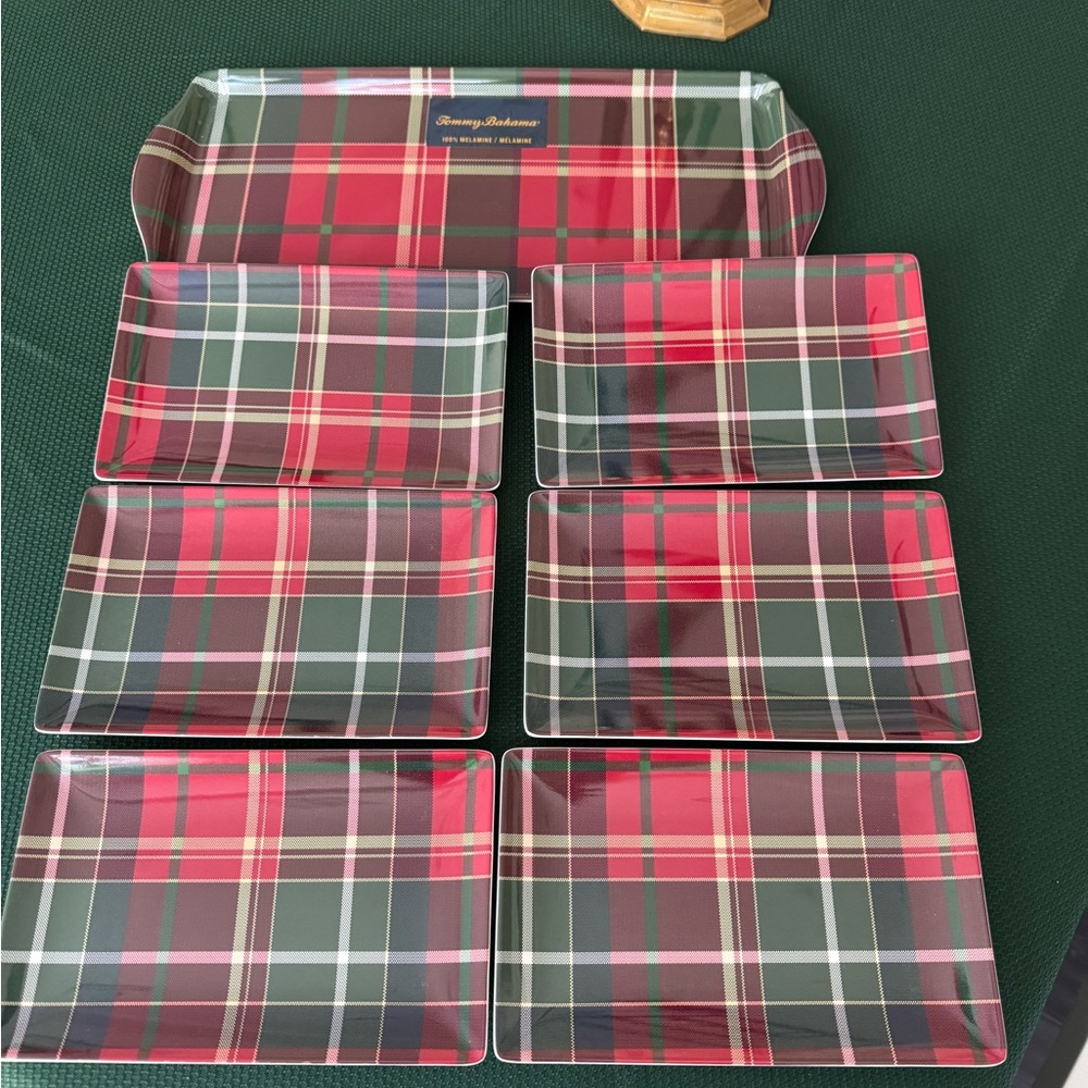 Tommy Bahama Red Tartan Melamine Tray and  Appetizer Plates